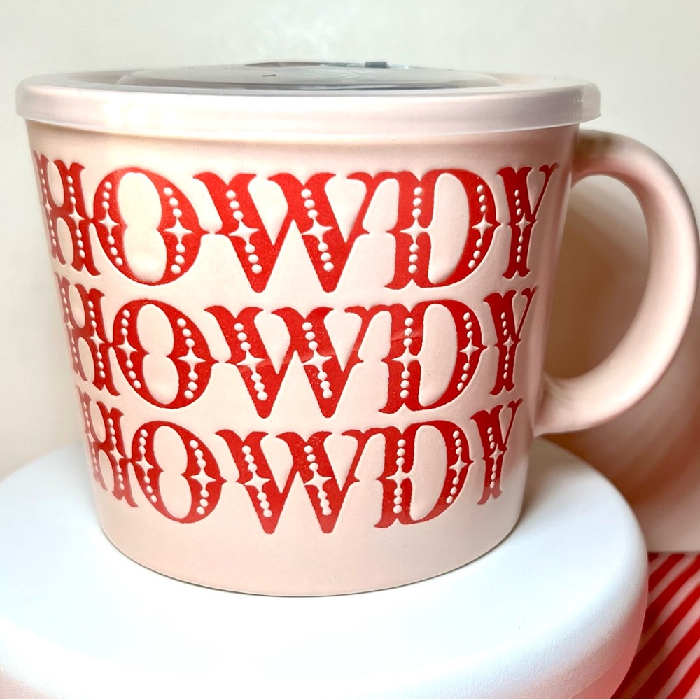 Howdy Pink & Red Stoneware Soup Mug w/Vent Lid Cowgirl Fun